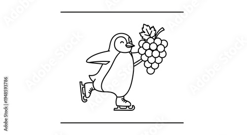 Cute penguin ice skating and holding a bunch of grapes