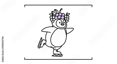 Cute Penguin Ice Skating with Grapes on Head
