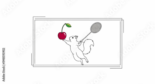 Cute Squirrel Holding Cherry with Badminton Racket, Whimsical Line Art