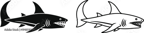 Shark Silhouette and Outline Vector Icons Set Vector