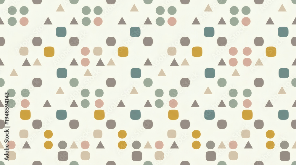 Seamless pattern of minimal geometric shapes. Circles, triangles and rounded squares arranged in modern Scandinavian style, balanced spacing, soft neutral colors, clean background, vector look, no tex