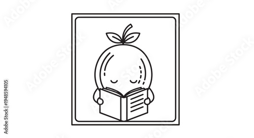 Cute Orange Character Reading Book, Education Concept, Vector Line Art