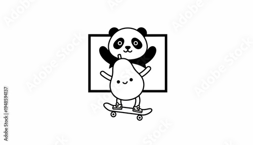 Cute Panda and Pear Character Riding Skateboard in Square Frame, Kawaii Style