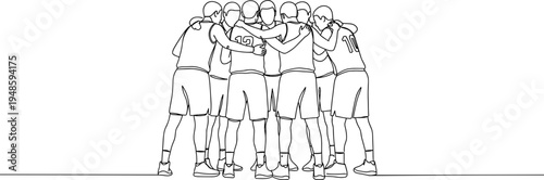 Outline vector illustration of a group of athletes huddling together before a game on a transparent background
