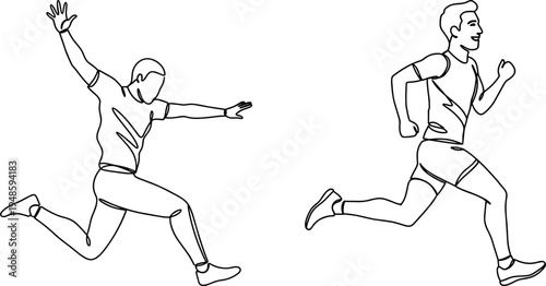 Outline vector illustration of two athletes running on a transparent background with dynamic poses showcasing motion and agility in a minimalist style.