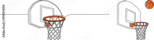 Outline vector illustration of basketball hoop with ball thrown in the air on a transparent background showcasing sport activity and dynamics in a minimalist style