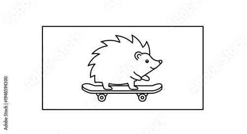 Cute hedgehog riding a skateboard, cartoon style, black and white outline