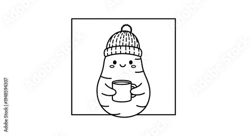 Cute Kawaii Carrot Character in Winter Hat Holding Hot Drink Mug, Vector Illustration