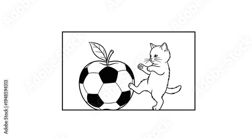 Cute Kitten Kicking a Soccer Ball Shaped Apple