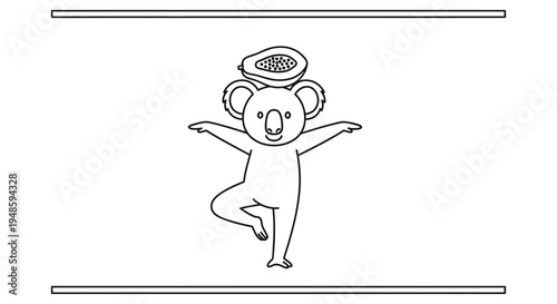 Cute koala balancing papaya slice on head in yoga tree pose, line art
