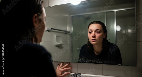 A woman looks at her reflection in a bathroom mirror with a contemplative expression, wearing a dark shirt, against a tiled wall background with a shower caddy.