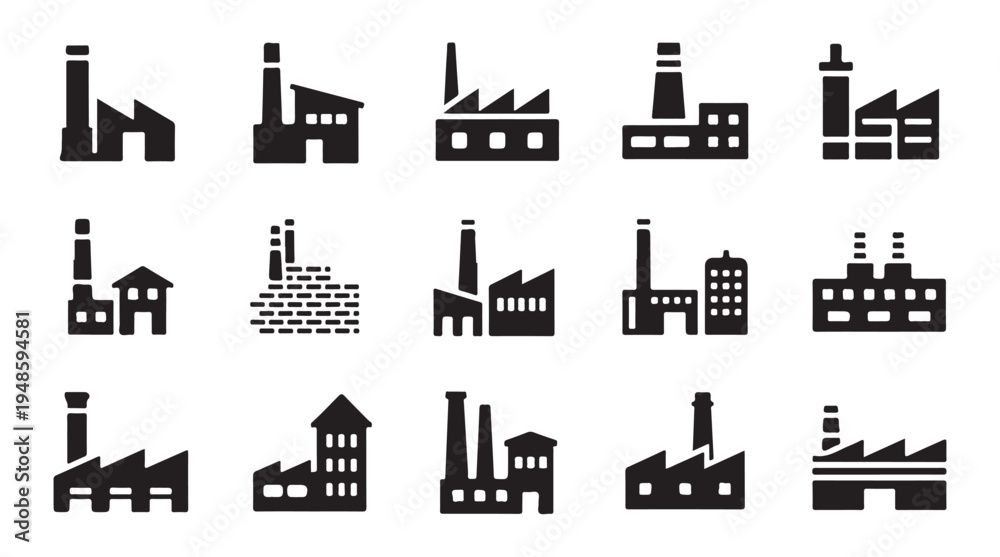 Obraz premium Industrial factory building icons set. plant or manufacturing facility simple black symbols