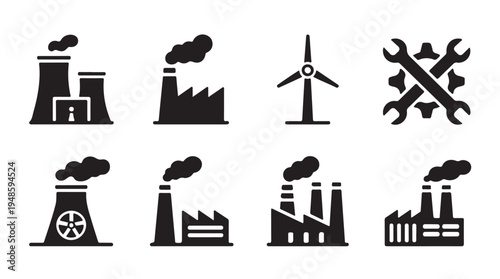 Industrial factory icons set with power plant energy station and nuclear facility silhouettes