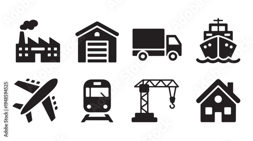 Supply chain management icons with delivery truck cargo ship airplane and industrial warehouse