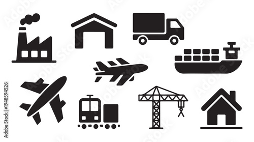 Logistics and transportation icons collection with truck airplane cargo ship and warehouse sign