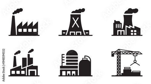 Manufacturing plant and refinery icons with cooling tower industrial chimney and tower crane art