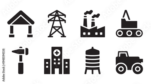 Industrial buildings vector icons power plant factory excavator hammer hospital water tank tractor