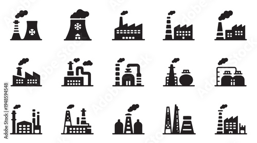 Industrial factory vector icons set production plants and manufacturing facilities collection