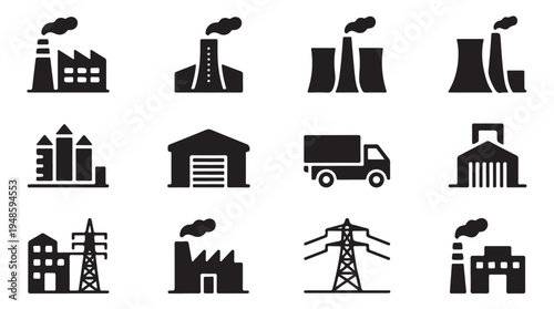 Collection of industrial factory icons with smoke stacks and chimneys emitting pollution