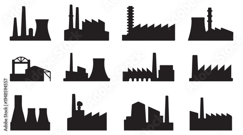 Diverse industrial facility icons depicting power plants and manufacturing sites with stacks