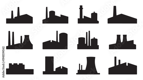 Collection of industrial structure icons representing factories power stations and plants