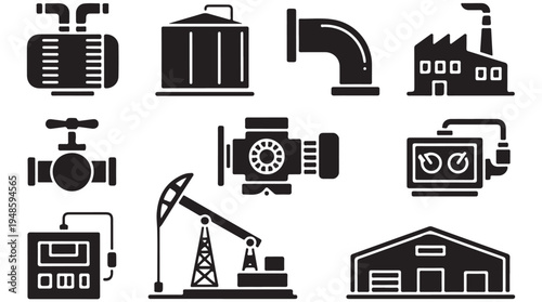 Industrial equipment icons featuring pump jacks oil tanks pipelines and control panels