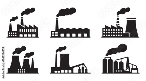 Industrial factory buildings and power plants with smoke stacks showing production concepts