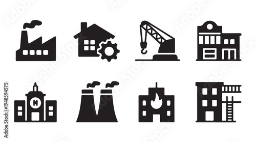 Municipal and industrial building silhouettes representing various community service functions