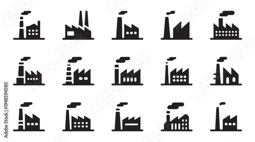 Industrial factory building icons set. plant or manufacturing facility simple black symbols