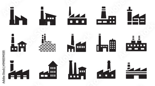 Industrial factory building icons set. plant or manufacturing facility simple black symbols