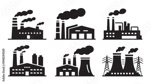 Heavy industry factory icons showing manufacturing facilities with large exhaust smoke stacks