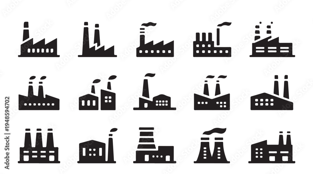 Fototapeta premium Industrial factory building icons collection with various chimney designs and smoke clouds