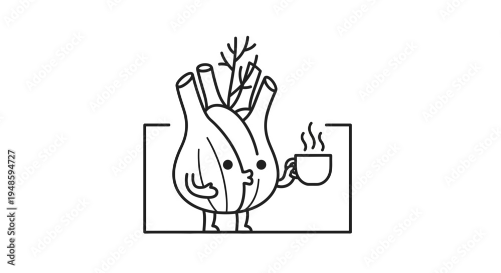 Fototapeta premium Cute Fennel Character Holding Coffee Cup, Kawaii Food Illustration