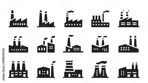 Industrial factory building icons collection with various chimney designs and smoke clouds