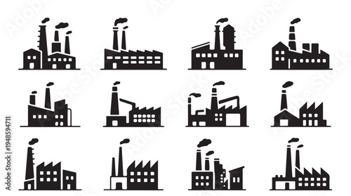 Detailed industrial plant icons featuring multiple chimneys and complex factory structures