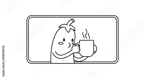 Cute Eggplant Character Holding a Hot Coffee Cup, Kawaii Style
