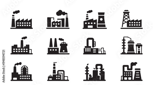 Advanced industrial manufacturing and processing plant icons with cooling towers and pipes