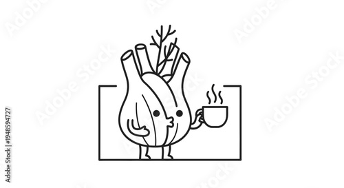Cute Fennel Character Holding Coffee Cup, Kawaii Food Illustration