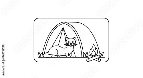 Cute ferret relaxing in a tent with a campfire nearby, outdoor camping adventure