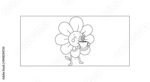 Cute Flower Character Drinking Coffee, Animated Style