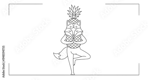 Cute Fox Doing Yoga Tree Pose with Pineapple Head and Body