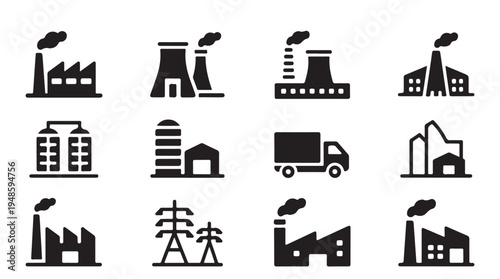 Various industrial factories, power plants, and an oil refinery complex silhouette collection