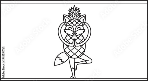 Cute Fox Doing Yoga Tree Pose with Pineapple Head and Leaves