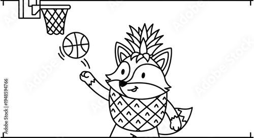 Cute Fox Wearing Pineapple Costume Playing Basketball