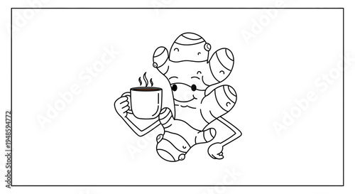 Cute Ginger Root Character Holding a Hot Coffee Cup, Cartoon Style