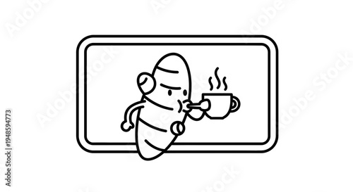 Cute Ginger Character Drinking Hot Coffee, Healthy Food Concept