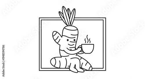 Cute Ginger Root Character Holding a Hot Coffee Cup, Kawaii Style, Line Art