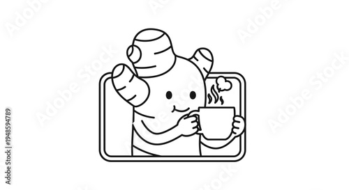 Cute Ginger Root Character Holding a Hot Coffee Mug, Kawaii Style
