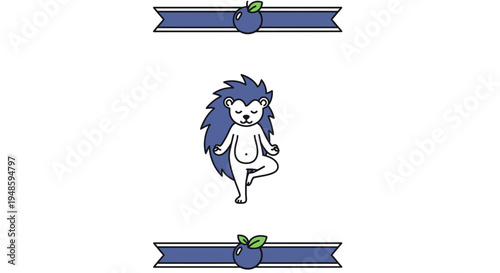 Cute Hedgehog Doing Yoga Tree Pose with Blueberries and Ribbons