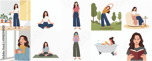 Flat Illustration Set of Young Woman Doing Daily Activity and Relaxation